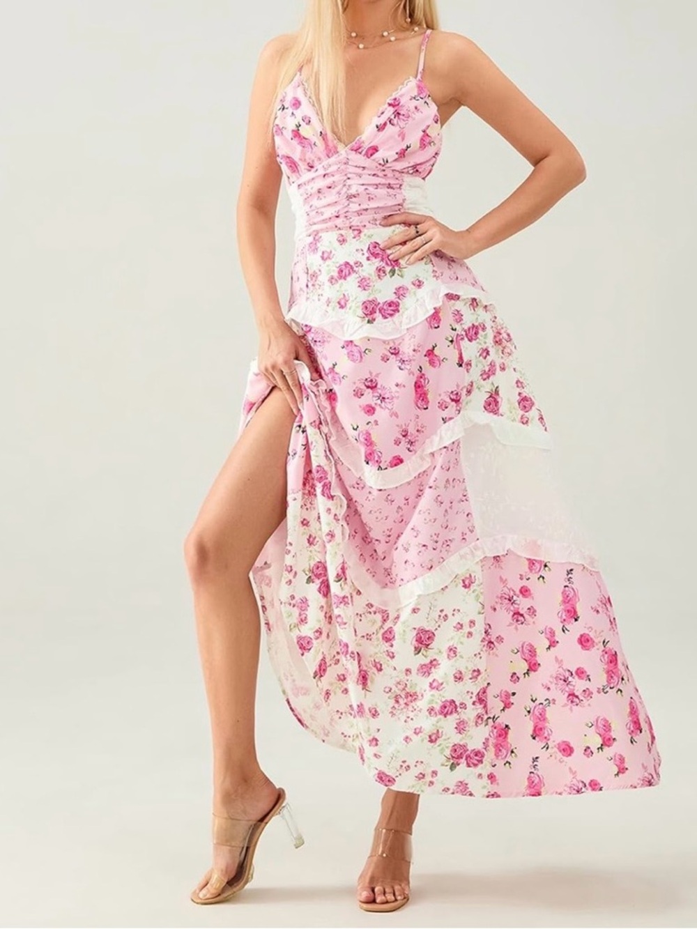 Pink Floral Tiered Maxi Dress